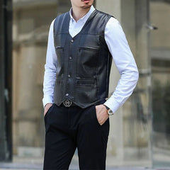 Threebooy New Men's Loose Leather Vest Korean Slim Leather Horse Clip Men's Sleeveless Casual