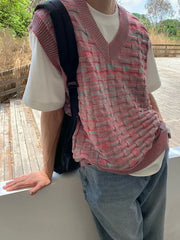 Threebooy Knit Sweater Male Sleeveless Vest Men's Clothing V Neck Pink Cute Waistcoat Baggy X 100 Pure Cashmere Cotton