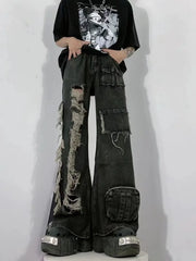 Threebooy Heavy-wash Distressed Multi-pocket Straight-leg Jeans American Retro Street Wide Leg Jeans Harajuku Style Hip Hop Trousers