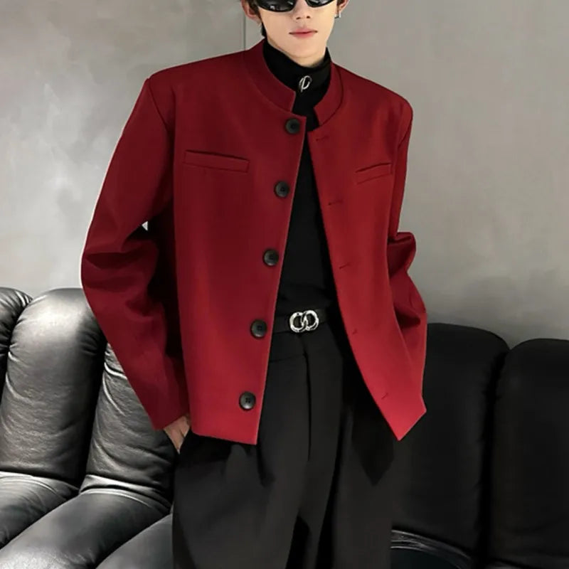 Threebooy Wine Red Blazers Men Suit Jackets Casual Stand Collar Solid Color Male Short Coats Korean Trendy Men's Clothing Autumn New