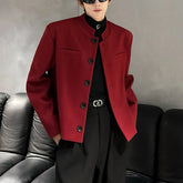 Threebooy Wine Red Blazers Men Suit Jackets Casual Stand Collar Solid Color Male Short Coats Korean Trendy Men's Clothing Autumn New