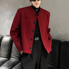 Threebooy Wine Red Blazers Men Suit Jackets Casual Stand Collar Solid Color Male Short Coats Korean Trendy Men's Clothing Autumn New
