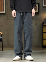 Threebooy 100% Cotton 4 Colors Men's Baggy Straight Casual Pants Elastic Waist Drawstring Fashion Korean High Street Cargo Male Trousers
