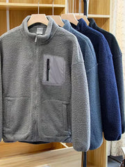 Threebooy New Men's Winter Jacket Korean Fashion Stand Collar Zip Pockets Thicken Fleece Lined Warm Coat