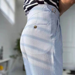 Threebooy Fashion Men's Italian Style Naples Suit Pants Blue Stripes Seersucker High Waist Paris Buckle Trouser England Business Casual Pa