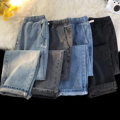 Threebooy Autumn Jeans Men's Baggy Straight Drawstring Elastic Waist Personality Fashion Vintage Denim Trousers Streetwear 3XL