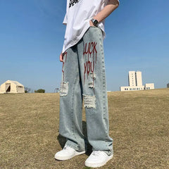 Threebooy High Street Ripped Printed Jeans for Men Loose Straight Legs for Teenagers Trendy Hip-hop Long Pants