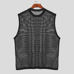 Threebooy Summer Men's Clothing Luxury Knit Hollw Out Tank Tops O Neck Sleeveless Mesh Sexy Solid Color Party Vest Breathable Knitwear