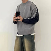 Threebooy Mens Sweater Topstitching Knitted Sweater Autumn Streetwear Contrast Color Casual Versatile Long Sleeve Top Men'S Clothing