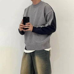 Threebooy Mens Sweater Topstitching Knitted Sweater Autumn Streetwear Contrast Color Casual Versatile Long Sleeve Top Men'S Clothing