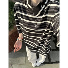 Threebooy Striped Irregular Polo Neck Trend Tops Men's Summer New Thin Short Sleeve Contrast Fashion T Shirts Casual Vintage Men Clothing