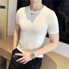 Threebooy New Men Short Sleeve Breathable Leisure O-neck Slim Fit T-shirts Male Fashion Ice Silk Knitted Tops Size Shirt S-3XL