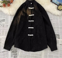 Threebooy Chinese Style Blouse Buckle Stand Collar Shirt Korean 2025 Summer New Trend Embroidered Pattern Vintage Shirt Jacket