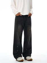 Threebooy Fashion Graffiti Black Loose Wide-leg Jeans Men's Autumn New American Simple Basic Wash Denim Pants Loose Straight Trousers