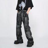 Threebooy High Street Washed Zipper Retro Jeans Men's Autumn New Style Micro Brushed Paint Tie Dye Pants