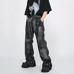 Threebooy High Street Washed Zipper Retro Jeans Men's Autumn New Style Micro Brushed Paint Tie Dye Pants