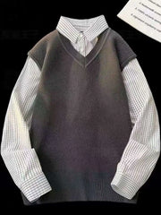 Japanese autumn and winter men and women trendy personalized fake two piece shirt sweater couple loose hip-hop casual top y2k