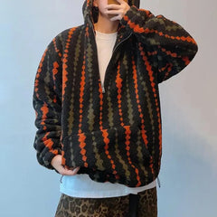 Threebooy Mens Fashion Trend Y2k Hoodie Autumn And Winter Retro Warm Plus Velvet Imitation Lambswool Half Zipper Hooded Thick Coat Men