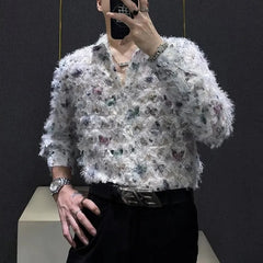 Threebooy Mens Shirt Butterfly Raw Edge Fringe Shirt Autumn Streetwear Niche Campus Performance Casual Long Sleeve Top Men'S Clothing