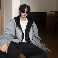 Threebooy Mens Fake Two Piece Zipper Hoodie Jackets Casual Loose Hooded Coat Male New Jackets Men Autumn Outwear Korean Trendy Clothing