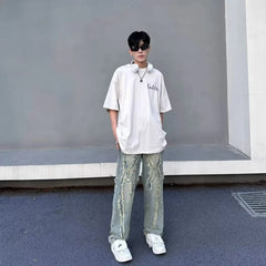 Threebooy Y2K Streetwear Cross Patchwork Baggy Stacked Jeans Pants For Men Clothing Straight Old Denim Trousers Pantaloni Uomo
