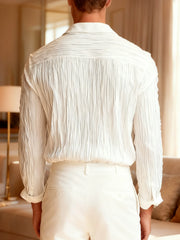 Threebooy Pleated Textured Shirt Men Autumn Solid Color Long Sleeve Lapel Old Money Style Criss-cross Design Breathable Tated Shirt