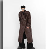 Threebooy Niche Pu Leather Coat Metal Zipper Double-layer Splicing Design Windbreaker Over Knee Jacket Men High Street Top Punk Streetwear