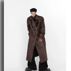 Threebooy Niche Pu Leather Coat Metal Zipper Double-layer Splicing Design Windbreaker Over Knee Jacket Men High Street Top Punk Streetwear