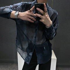 Threebooy Mens Snake Patterned Mesh Hollow Semi Transparent Long Sleeved Shirt Summer Sun Protection Casual Breathable Top Men's Clothing