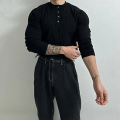 Threebooy Autumn Clothing Men's Light Luxury Knit Korean Popular Henry Collar T-shirt Button-down Long Sleeve Retro Leisure Knitwear