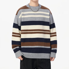 Threebooy Autumn Winter Warm Casual Pullovers Men Knitted Sweater Fashion Patchwork Striped Loose Hip Hop Knit Streetwear Pull On Sweaters
