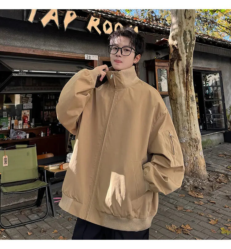 Threebooy Spring New jacket man baggy Bomber jacket Windbreaker Men's Zipper Casual Jacket Solid loose coat Fashion trend Stand collar