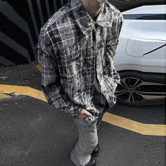 Threebooy Men's Retro Ripped Plaid Shirts Leisure Popular Clothing Light Luxury Clothes Short Sleeve Streetwear Fashion Check Blouse M-3XL