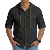 Threebooy New Mens Casual Linen Shirt Long Sleeve Henley Shirts Summer Beach Hawaiian T Shirts for Men Sport Lightweight Button Hooded Tee
