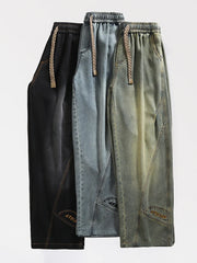 Threebooy Men's Retro Baggy Jeans Korean Fashion Elastic Waist Drawstring Wide-Leg Denim Pants Street Loose Fit Y2K Straight Jeans