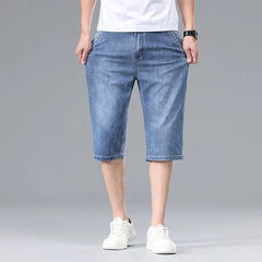 Threebooy New Summer Men's Thin Straight Denim Shorts Soft and Comfortable Ice Silk Feel Loose Pants Large size Light Blue Dark Blue