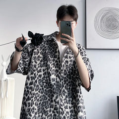 Threebooy Brown/Gray Leopard Printed Shirt Men Loose Breathable Men's Shirts Summer Male Shirt High Street Casual Short Sleeve Tops