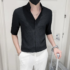 Threebooy Men's Business V-Neck Casual Long Sleeve Shirts/Male Slim Fit High-End Dress Streetwear Social Blouse Shirts Black White