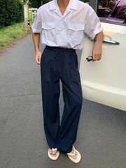 Threebooy 2024 Summer New Men's Casual Pants Korean Style Lazy Wind Solid Color Elastic Waist Trousers Lace-up Loose Straight