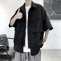 Threebooy Mens Big Pocket Workwear Short-Sleeve Shirt Streetwear Fashion Youth Trendy Solid Color Versatile Tops Men'S Clothing Spring New