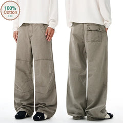 Threebooy 100% Cotton Autumn Men's Loose Trousers Oversized Fashion Spliced Hip Hop Streetwear Wide Legs Baggy Cargo Trousers