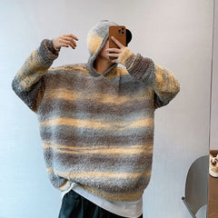 Threebooy Autumn Clothing Men's Light Luxury Striped Knitted Hooded Pullovers Sweater Casual Streetwear Long Sleeve Retro Popular Hoodie