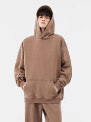 Threebooy Men's Washed Hoodies 330GSM Cotton Polyester Knit Pullover Oversized Tops Loose Fit Y2K Street Faded Hoody Sweatshirts