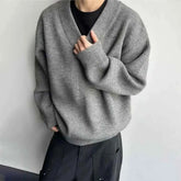 Threebooy Winter New Men's Solid Color V-Neck Long Sleeve Sweater Korean Retro Fashion Trendy High Street Loose Casual Simple Men's Top