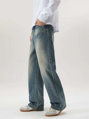 Threebooy Men's Fashion Design Jeans Baggy Straight Vintage Blue Denim Pants High Street Personality Trendy Brand Streetwear Male Trousers