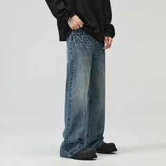 Threebooy New Fashion Lightning Crack Men's Baggy Straight Jeans Vintage Blue Bootcut Trousers Personality Streetwear Male Denim Pants