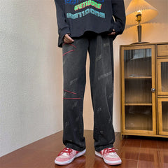 Threebooy Autumn New Style American Retro Straight Jeans for Men Embroidery Design Wide Leg Pants Korean Style Trendy Casual Trousers