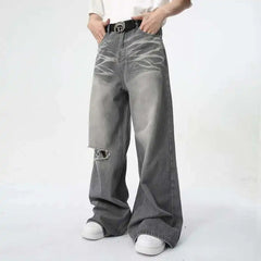 Threebooy Summer Men's Wear New Jeans Straight Wide Leg Denim Pants Casual Loose Contrast Color Male Bottoms Clothing 2025