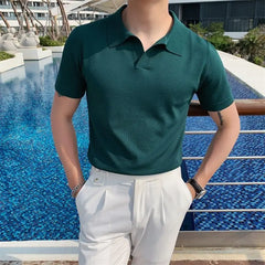 Threebooy Men's Clothing Light Luxury Knitted Polo Shirt Casual Soild V-Neck Solid Jacquard Short Sleeve T-Shirt Breathable M-4XL