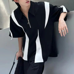 Threebooy Mens Polo Shirt Y2k Black White Contrast Half-Zip T Shirt Fashion Casual Personality Streetwear All-Match Tops Men'S Clothing
